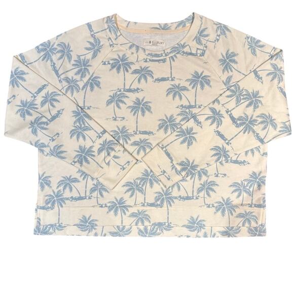 Women's Lou and Grey for Loft LS Sweatshirt Cream w/Blue Palm Trees, Size L, EUC - Picture 1 of 4